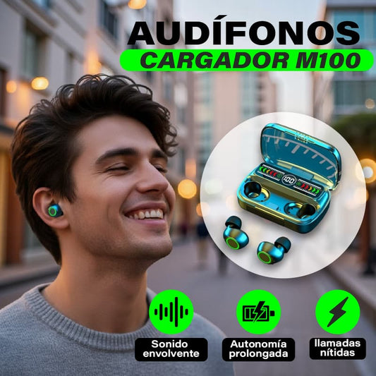 AUDÍFONOS CARGADOR M100™ | Sonido más claro, batería infinita, comodidad total🎵